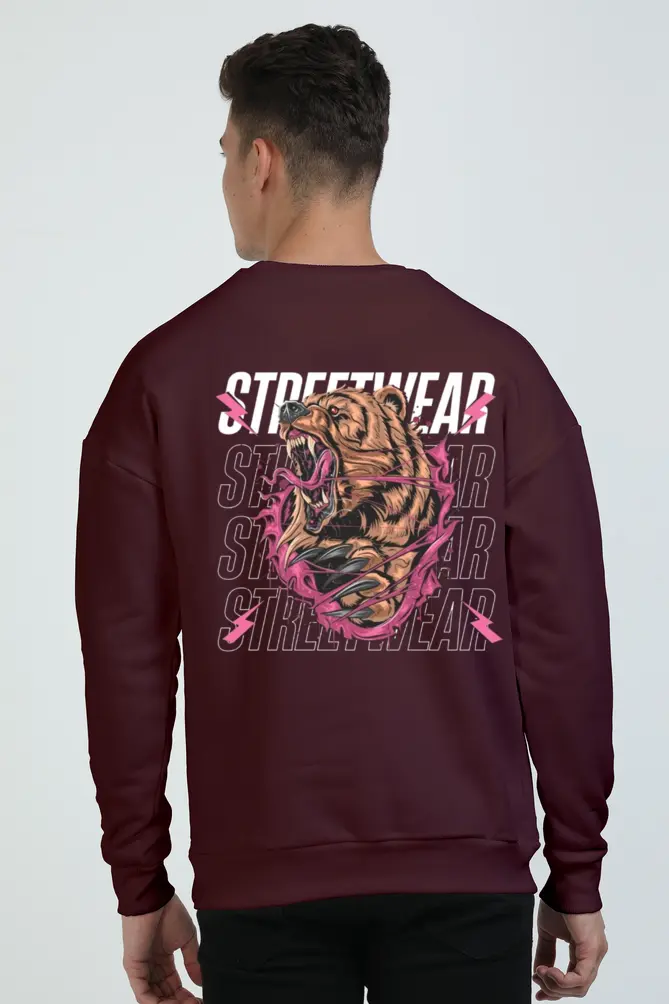 Oversized 400 GSM Bear Design Streetwear Sweatshirt for Men | Trendy Dark Colors (S-3XL)  (S, Maroon)